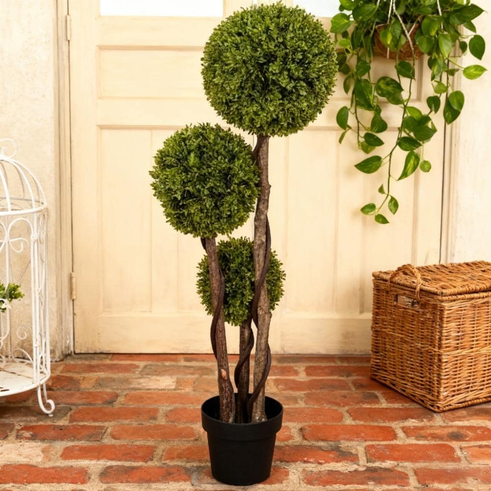 Indoor Outdoor Living Room Decoration, Artificial Ball Boxwood Topiary Tree Fake Plant in Pot