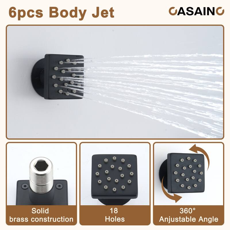 Luxury Thermostatic Shower System 1-Spray Patterns Ceiling Mount Fixed Shower Head and Handheld Spray with 6 Body Jets