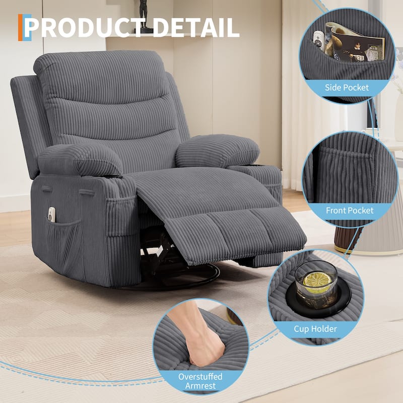 Swivel Rocker Recliner Chair with Massage and Heat, Oversized Reclining Sofa