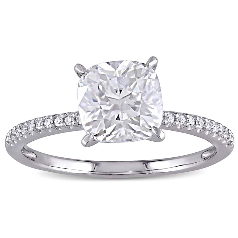 Miadora 2ct DEW Cushion-cut Moissanite and 1/10ct TDW Diamond Engagement Ring in 14k White Gold