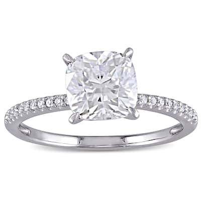 Miadora 2ct DEW Cushion-cut Moissanite and 1/10ct TDW Diamond Engagement Ring in 14k White Gold