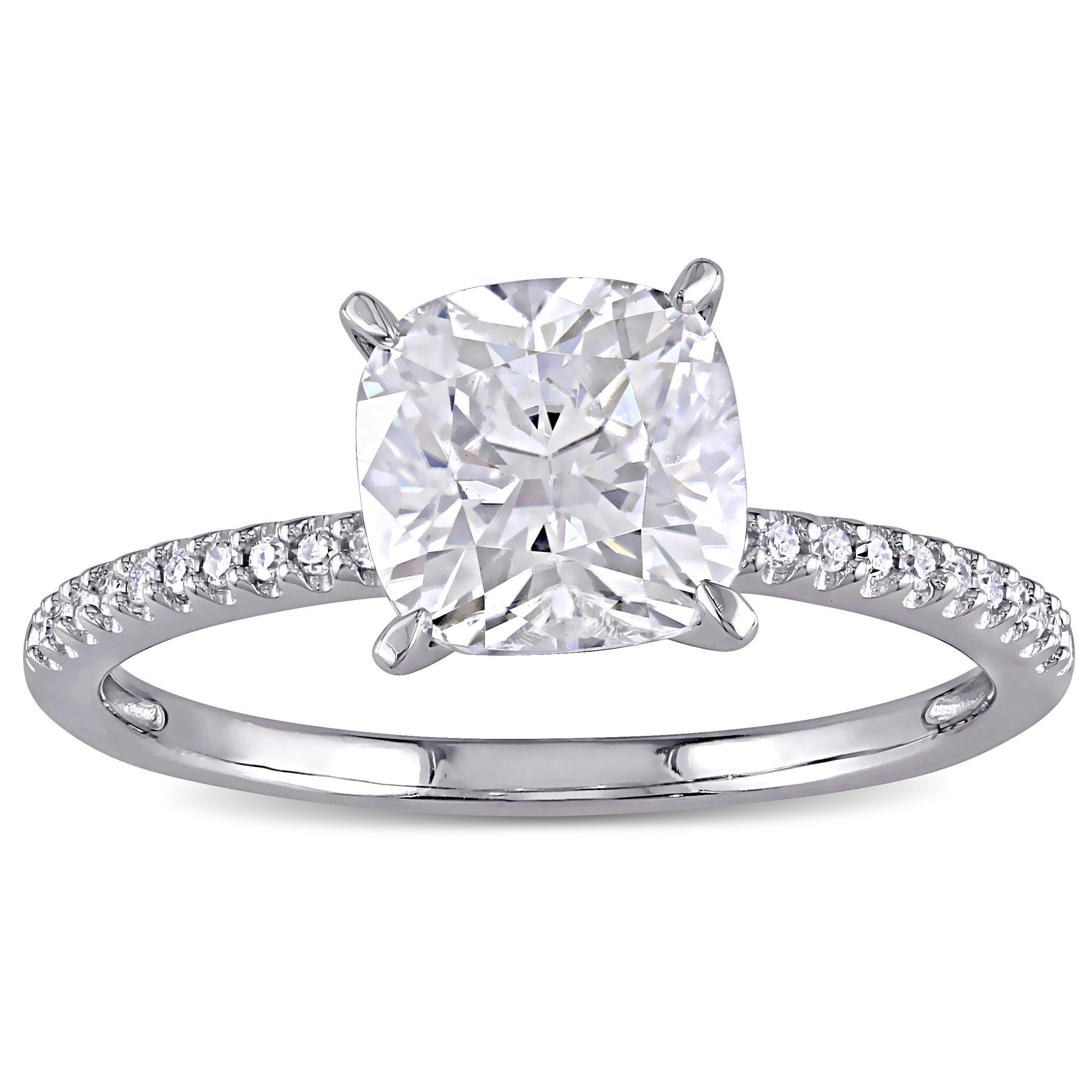 Miadora 2ct DEW Cushion-cut Moissanite and 1/10ct TDW Diamond Engagement Ring in 14k White Gold