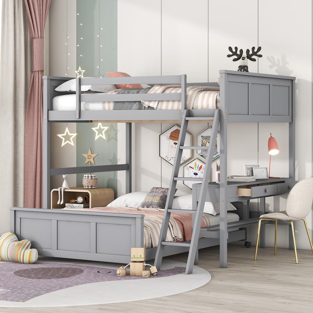 Gray Pine Wood Bunk Bed with Desk and Drawers, Movable Lower Bed, Full-Length Guardrail