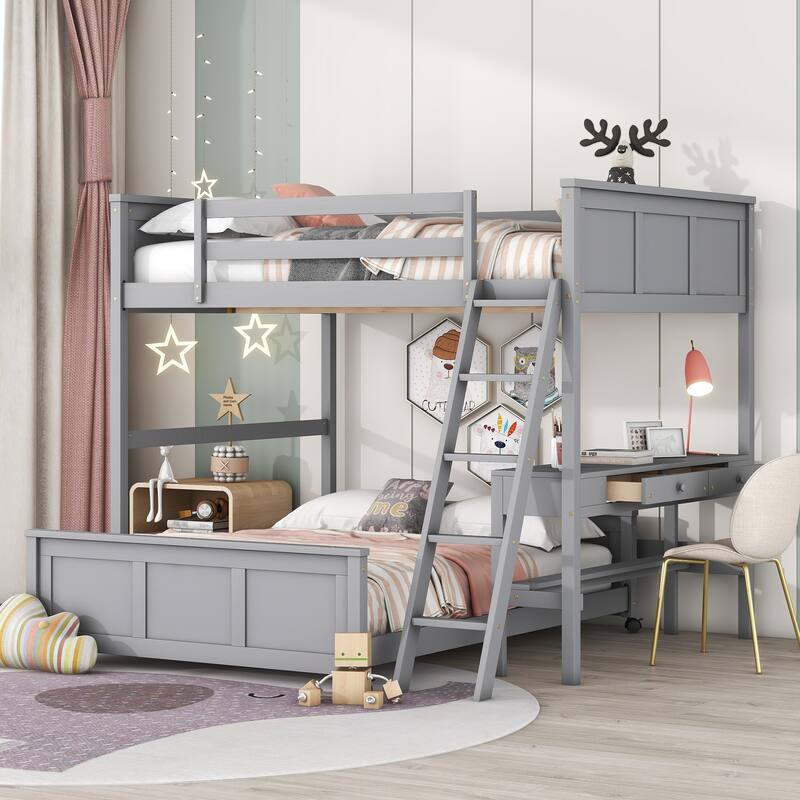 Space-Saving Twin Over Full Bunk Bed with Desk and Drawers - Solid Pine Construction, White/Grey - Full Size Gray