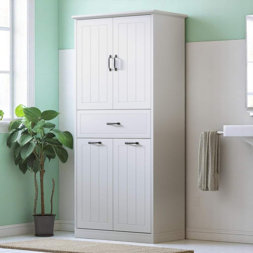 Freestanding Bathroom Cabinet with Laundry Hampers and Drawer, Tall Storage Unit with Adjustable Shelves and Doors