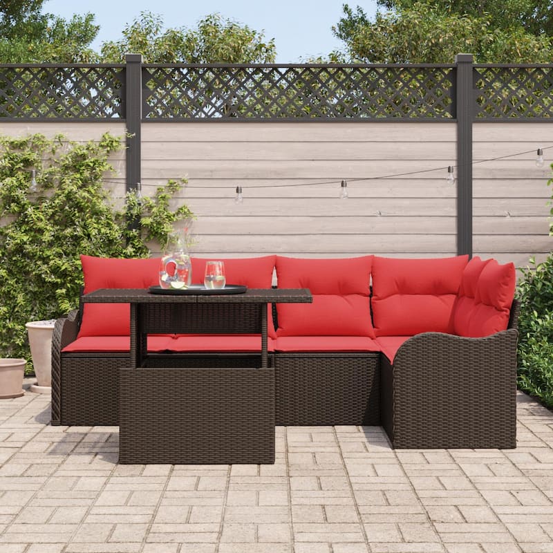 vidaXL 6 Garden Sofa Set with Cushions Black/Brown/Grey Poly Rattan - 91.5 x 48.2 x 27.2