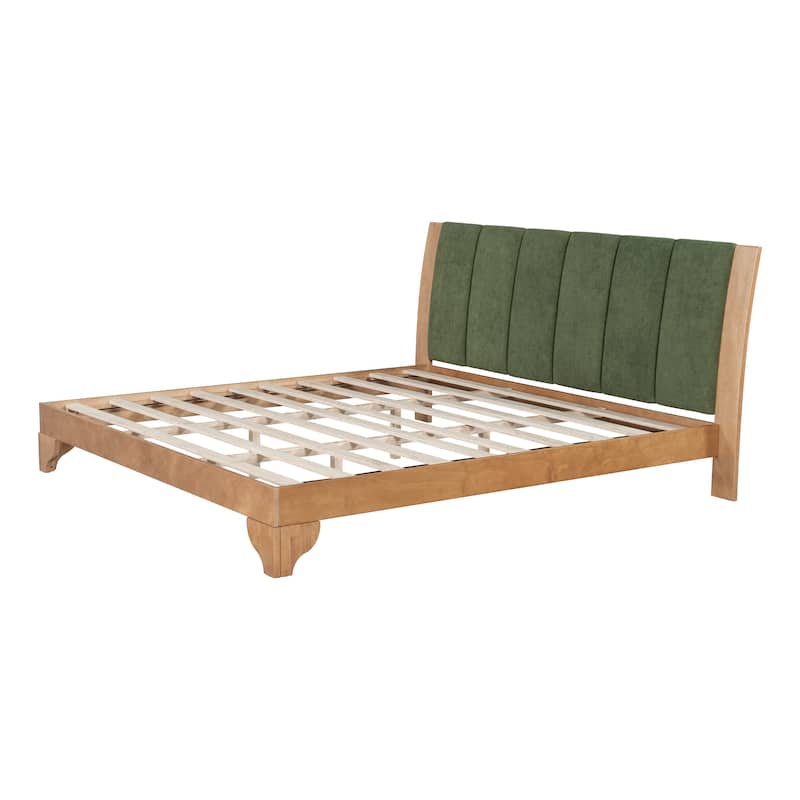 Pine Wood Bed Frame Mid Century Modern Platform Bed with Green Upholstered Headboard, Wood Slat Support Low Profile Wingback Bed