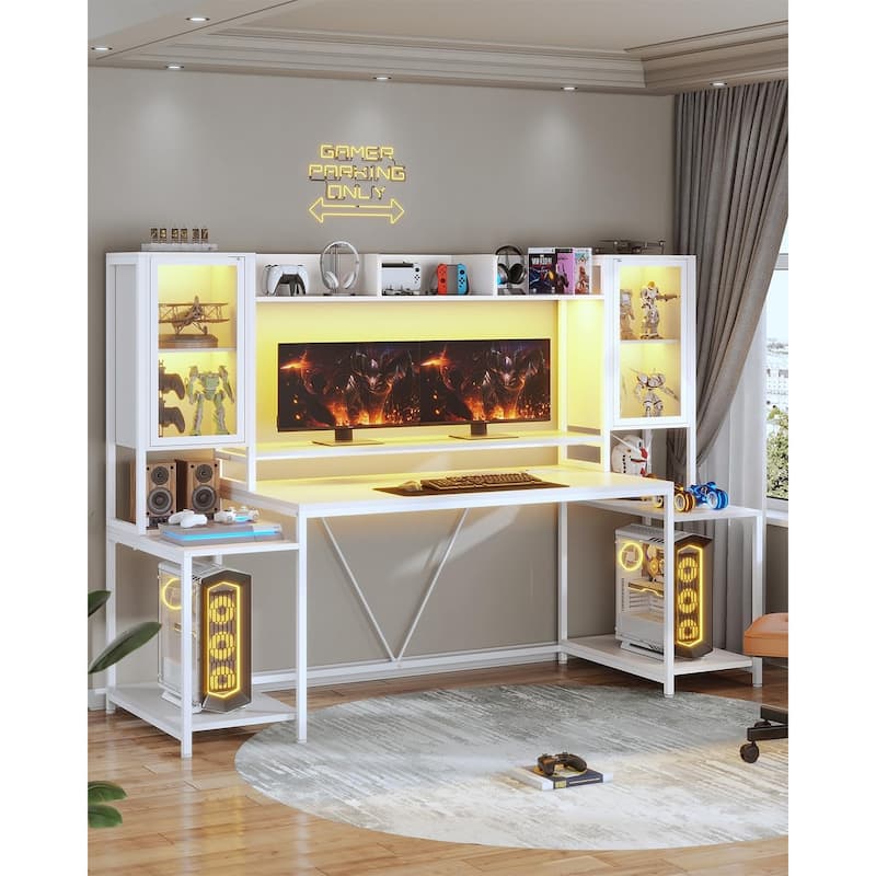 Gaming Desk LED Lights Hutch and Storage Shelves Glass Display Cabinet