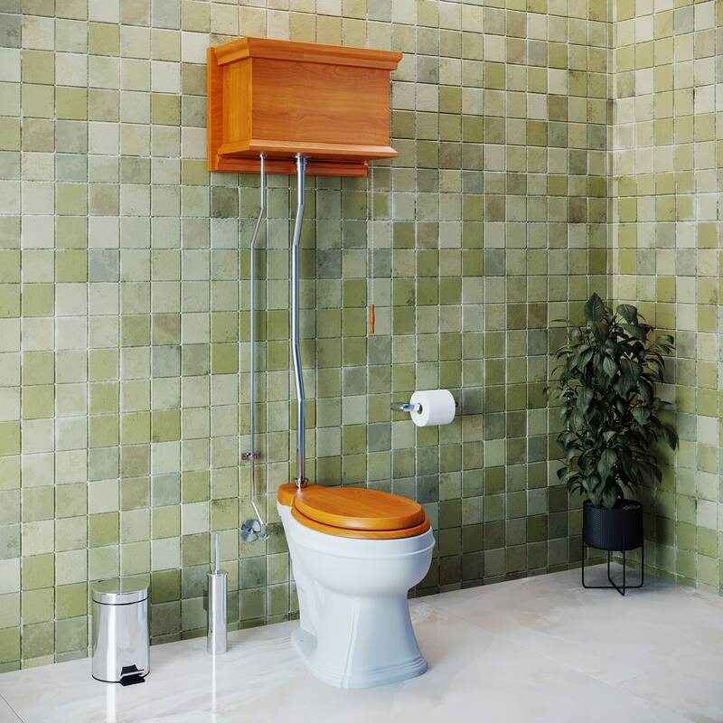 High Tank Toilet - Light Mahogany Flat Tank, Chrome Plated Z Pipe and Round White Bowl Renovators Supply