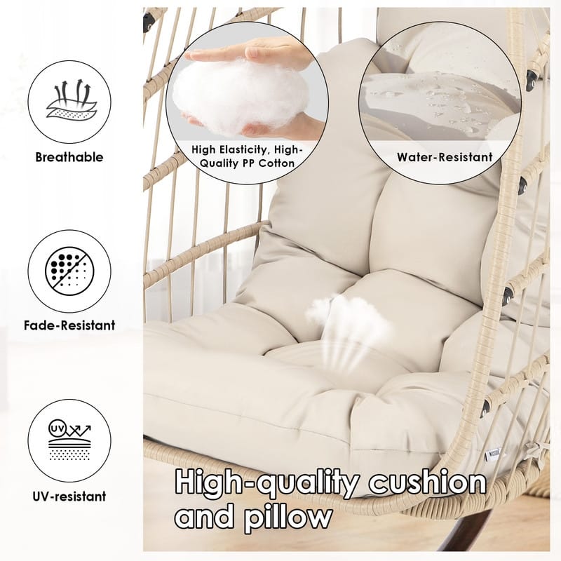 Oversized Hanging Egg Chair with Stand, Indoor Outdoor Swing Chair, 350 lbs Capacity Cozy Rattan Lounge