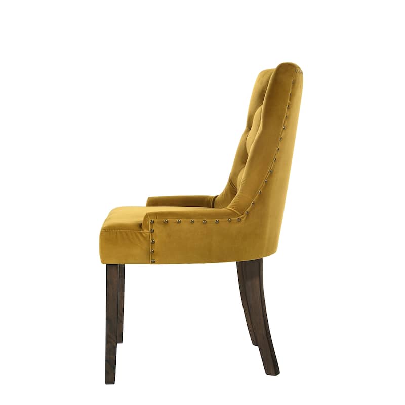 HomeRoots Set of Two Tufted Yellow and Espresso Upholstered Velvet And Solid Wood Dining Side Chairs