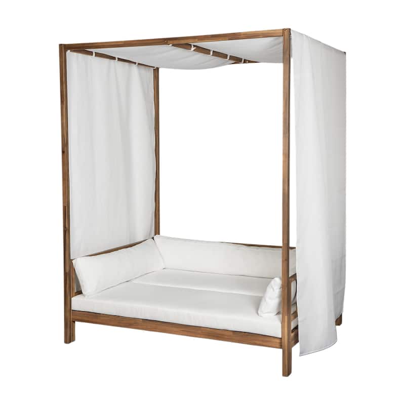 Scott Living Outdoor Acacia Wood Daybed with Canopy and Curtains, Washable Cushions and Detachable Pillows