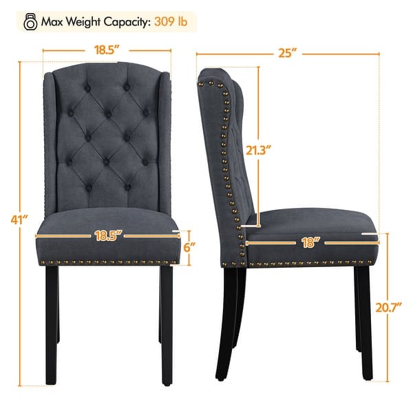dimension image slide 0 of 2, Yaheetech 2pcs Upholstered Dining Chair Button Tufted Dining Room Chair with Nailhead Trims