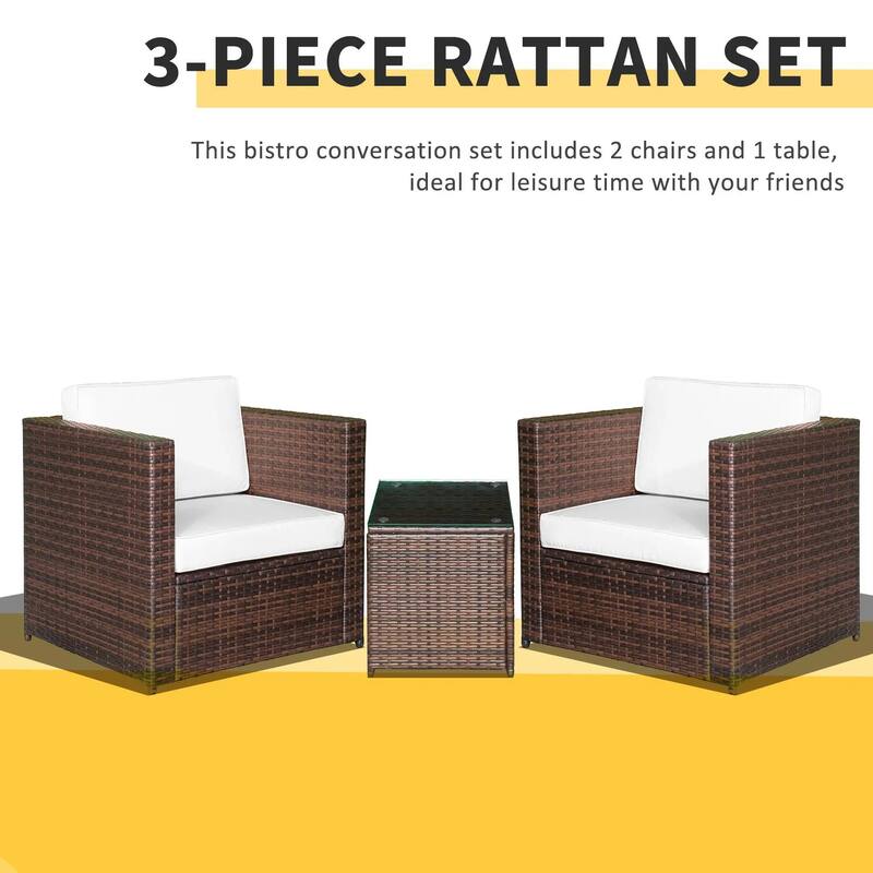 Wicker Bistro Patio Set, 2 Porch Chairs and Glass Table