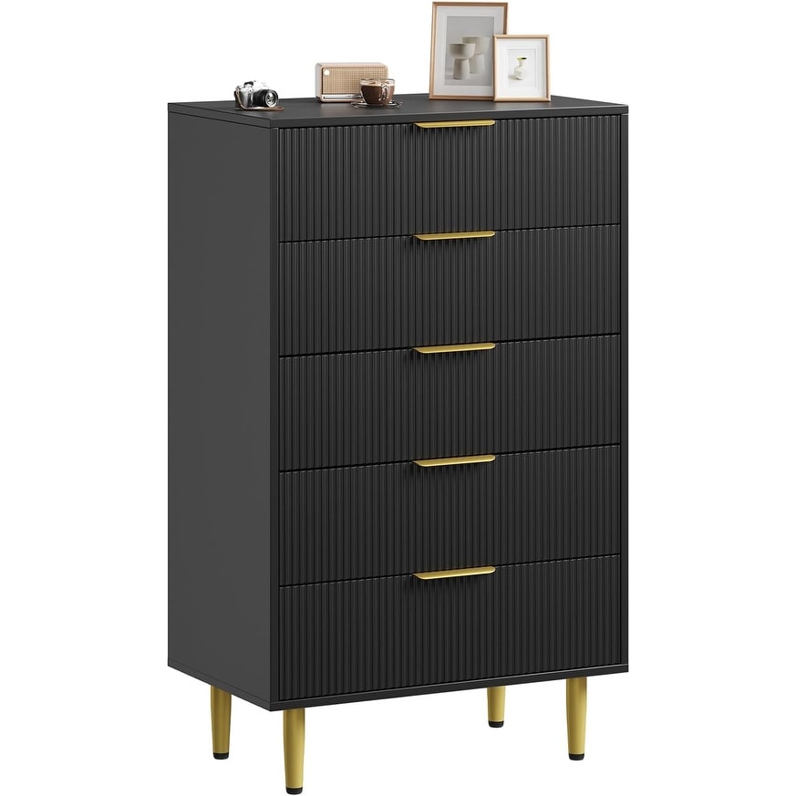 5-Drawer Fluted Wooden Dresser with Metal Handle & Feet