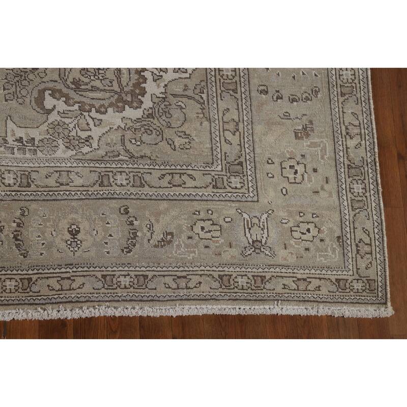Distressed Tabriz Vintage Persian Rug Handmade Beige Wool Carpet - 8'1" x 11'4"