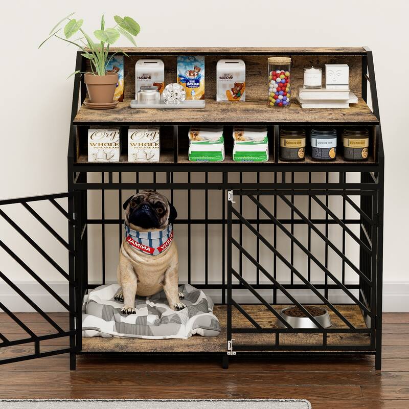 43.3 inch Dog Crate for Large Dogs,Wooden Dog Crate with Divider,Double Door Dog Kennel with 3 Drawers,Heavy Duty Dogs House