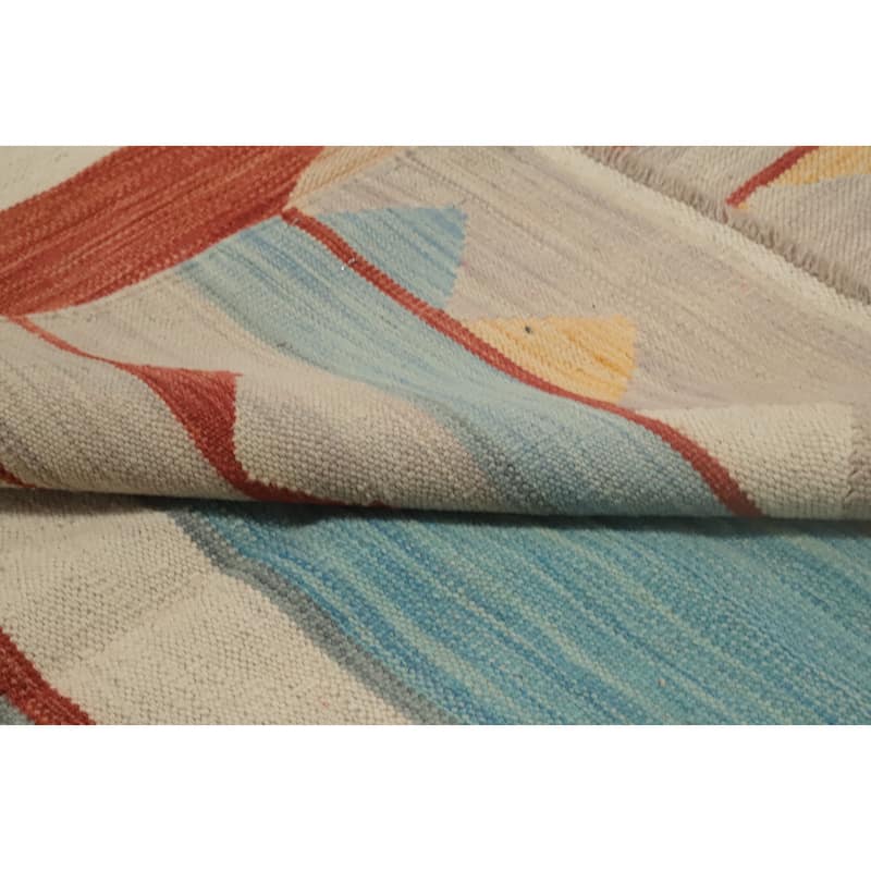 Hand Woven Oriental 100% Wool Carpet Southwestern Tribal Beige & Ivories Kilim Area Rug - 9' 11'' X 6' 7''
