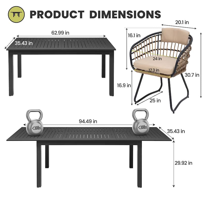 9-Piece Outdoor Dining Set Expandable Aluminum Dining Table Rectangular with PE Rattan Chairs