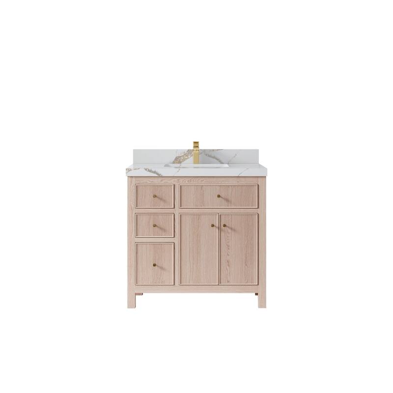 Willow Collections 36 x 22 Sonoma Oak Wood Center Sink Right Bathroom Vanity with Quartz or Marble Countertop - 2”Calacatta Gold - White Oak