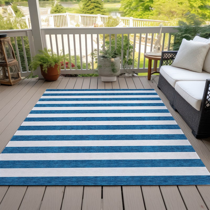 Machine Washable Indoor/ Outdoor Cabana Stripe Chantille Rug - Navy - 10' x 14'