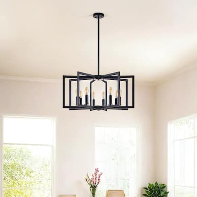 27" Modern Black Geometric 8-Light Chandelier-Industrial Metal Pendant Light Fixture