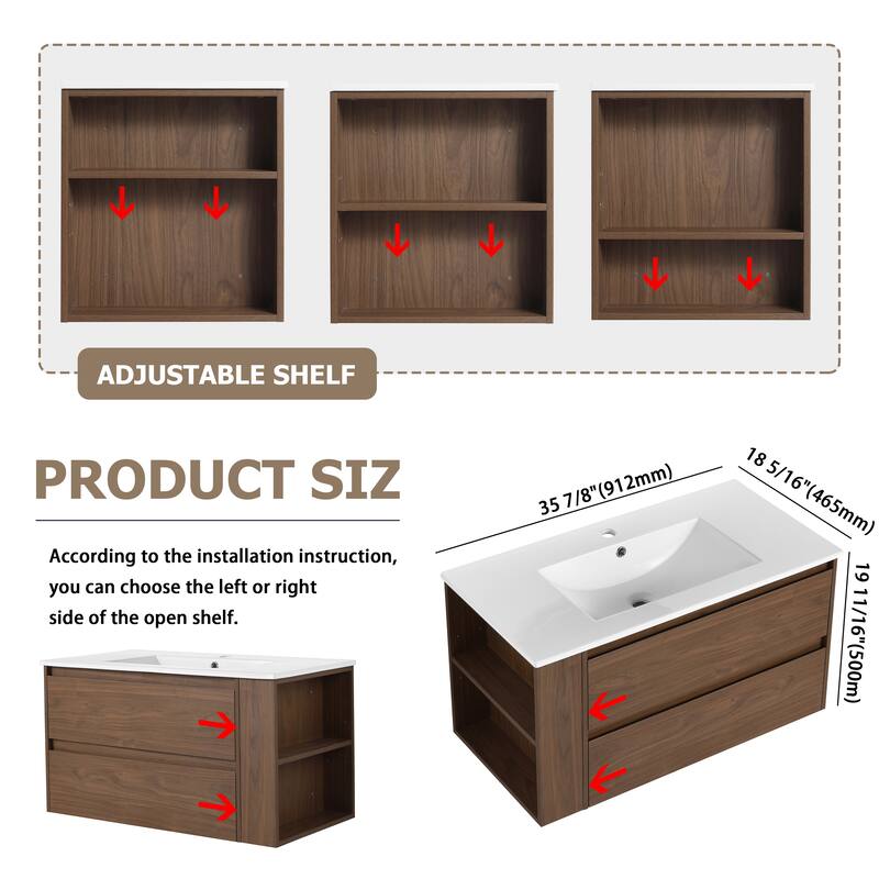 Bathroom Vanity With Sink In 30/36 Inch, Floating Bathroom Vanity With Soft Close Drawers and adjustable shelves