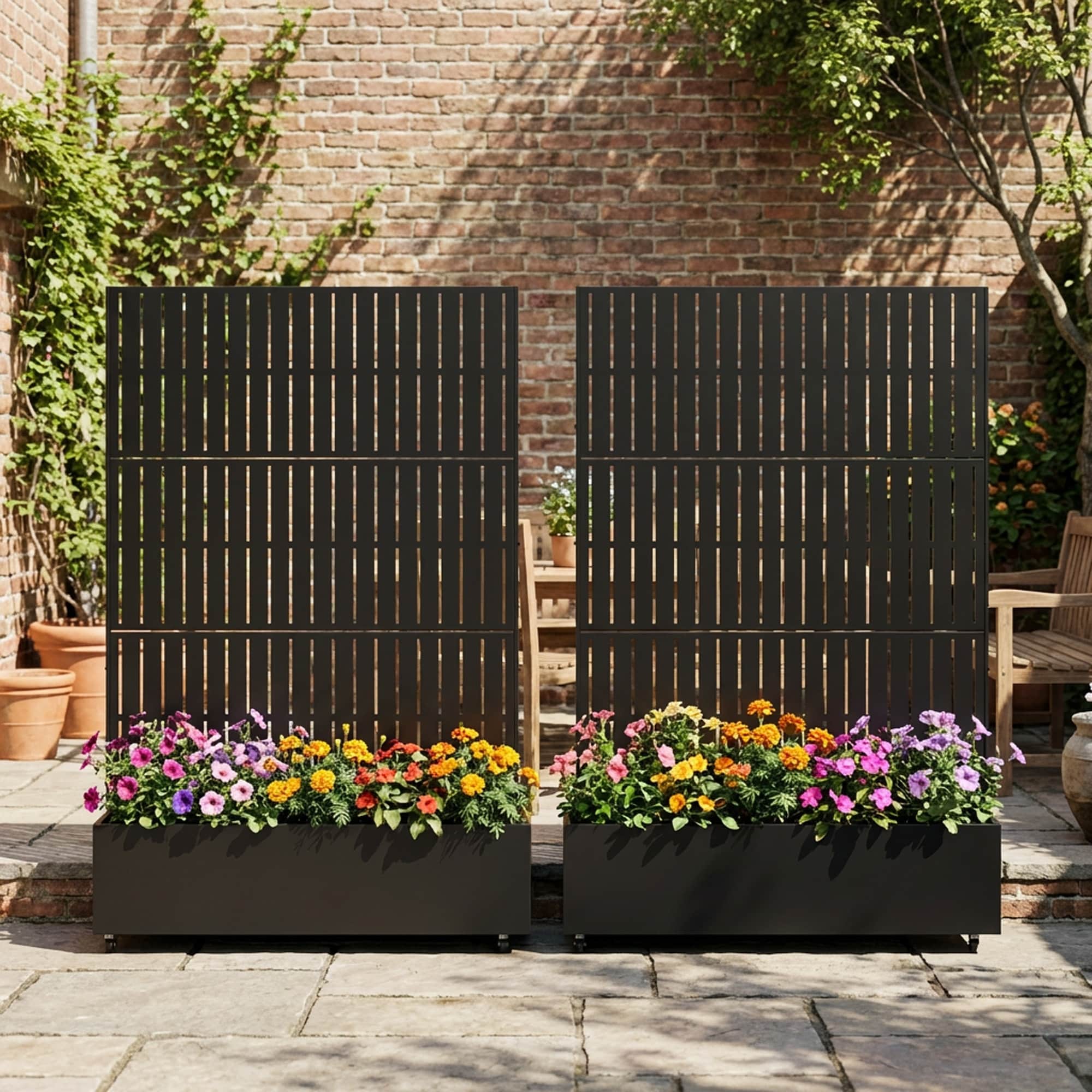 2-Piece Outdoor Trellis Metal Privacy Fence Screen with Planter Box