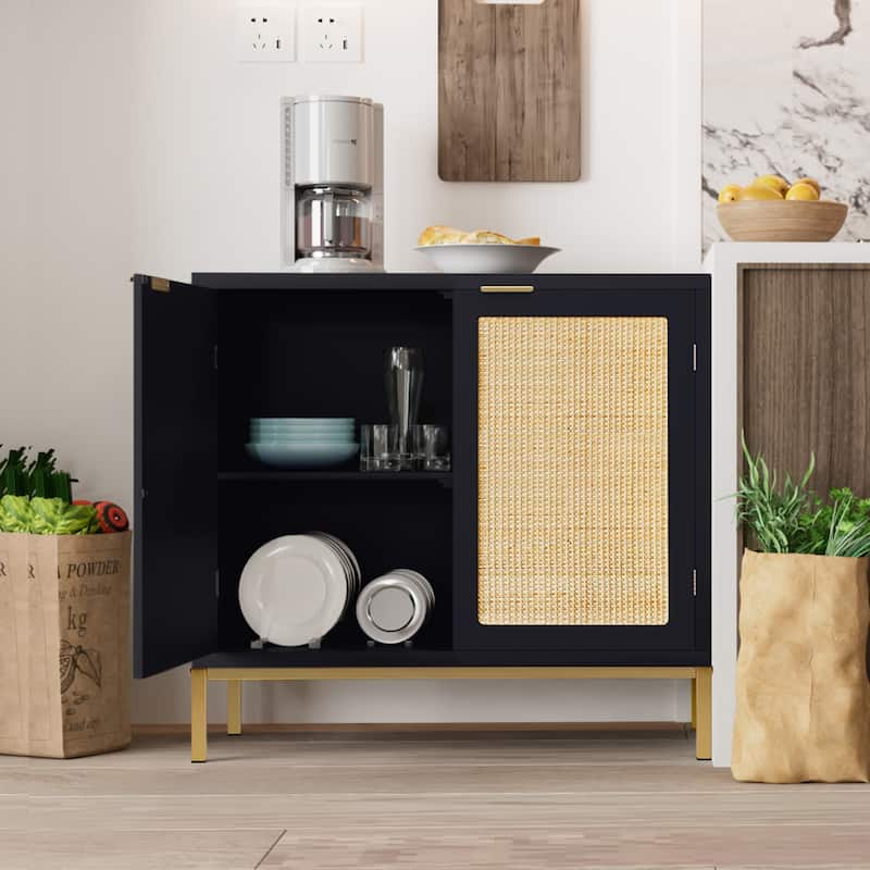 Anmytek Black Accent Storage Cabinet with 2 Rattan Doors Mid Century Sideboard Furniture for Living Room Bedroom