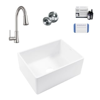 Austen Crisp White Fireclay 24" Farmhouse Apron Front Undermount Single Bowl Kitchen Sink with Pfirst Faucet Kit
