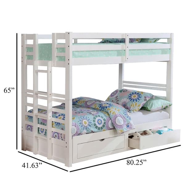 Batu Twin Over Twin Bunk Bed, White Wood Extendable, 2 Storage Drawers