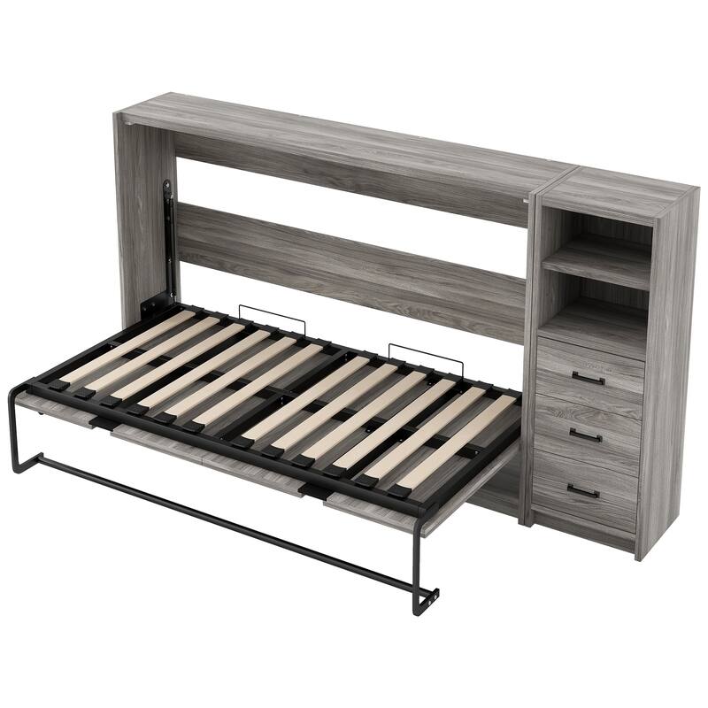 Space-Saving Foldable Twin Bed with Drawers, LED Light, and Cabinet, Gray
