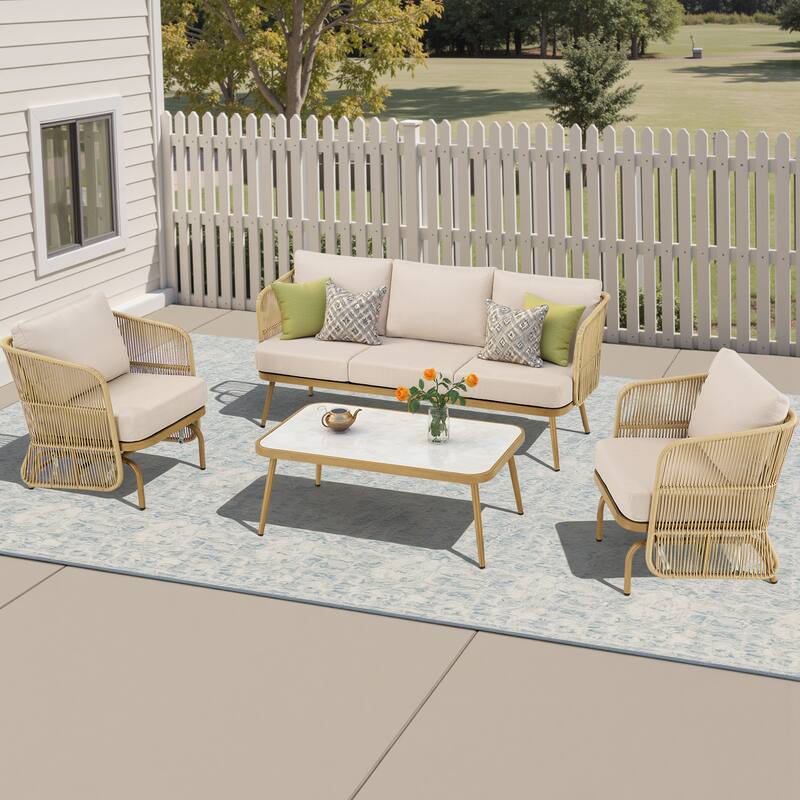 Pocassy Patio Sofa Glider Chair with Coffee Table - Yellow Wicker Beige Cushion - 4-Piece 3-Seat Sofa Patio Chair with Coffee Table