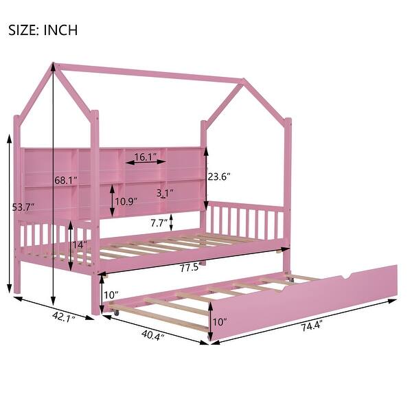 dimension image slide 2 of 4, Modern Wooden House Bed Frame, Storage Shelves & Roof