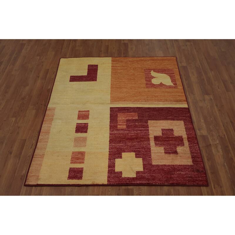 Hand Knotted Oriental 100% Wool Carpet Modern Geometric Yellow & Gold Gabbeh Area Rug - 5' 5'' X 4' 7''