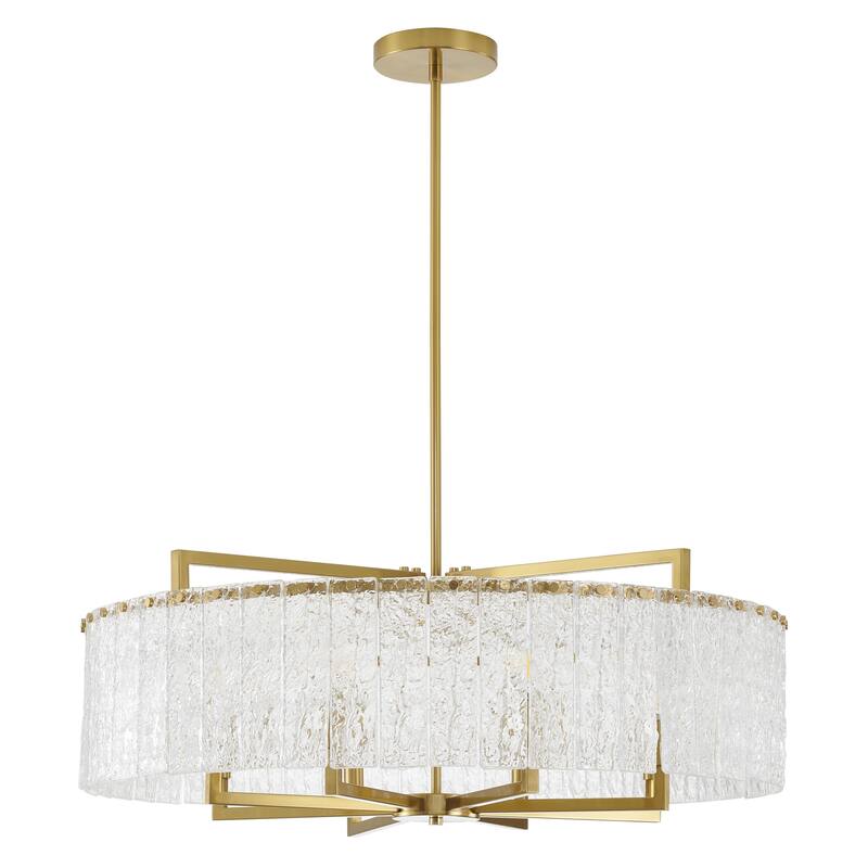 8-Light Brass Chandelier With Clear Rippled Glass