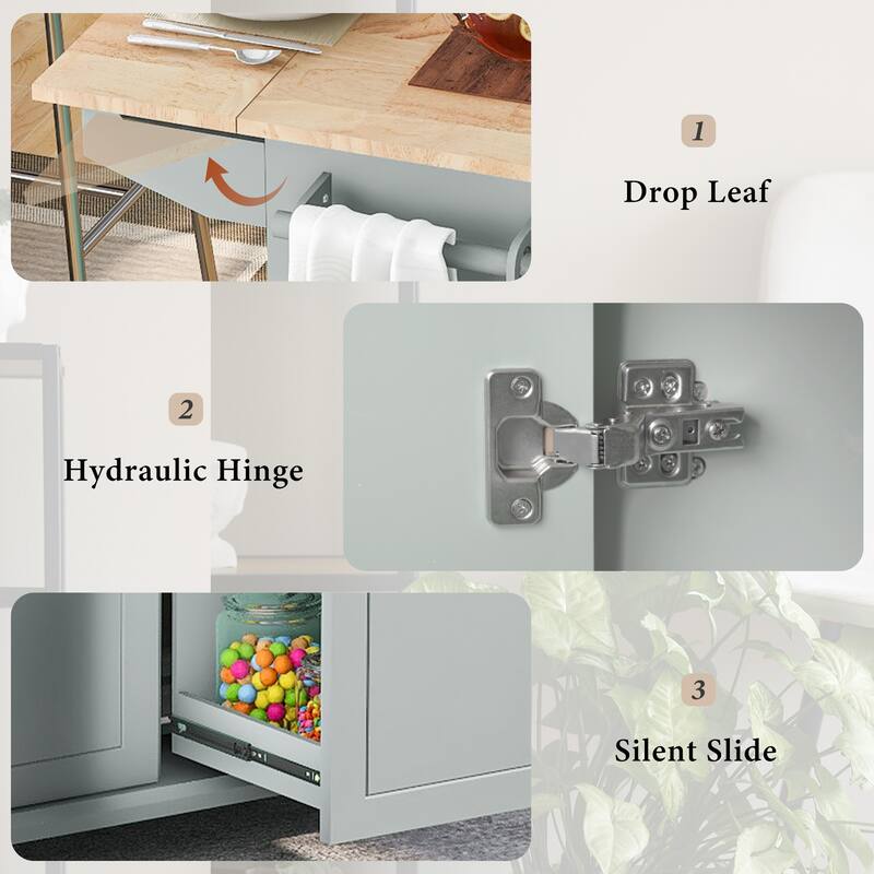 Kitchen Storage Cart on Wheels with Internal Storage Racks, Drop Leaf Rubber Wood Top & Adjustable Shelves