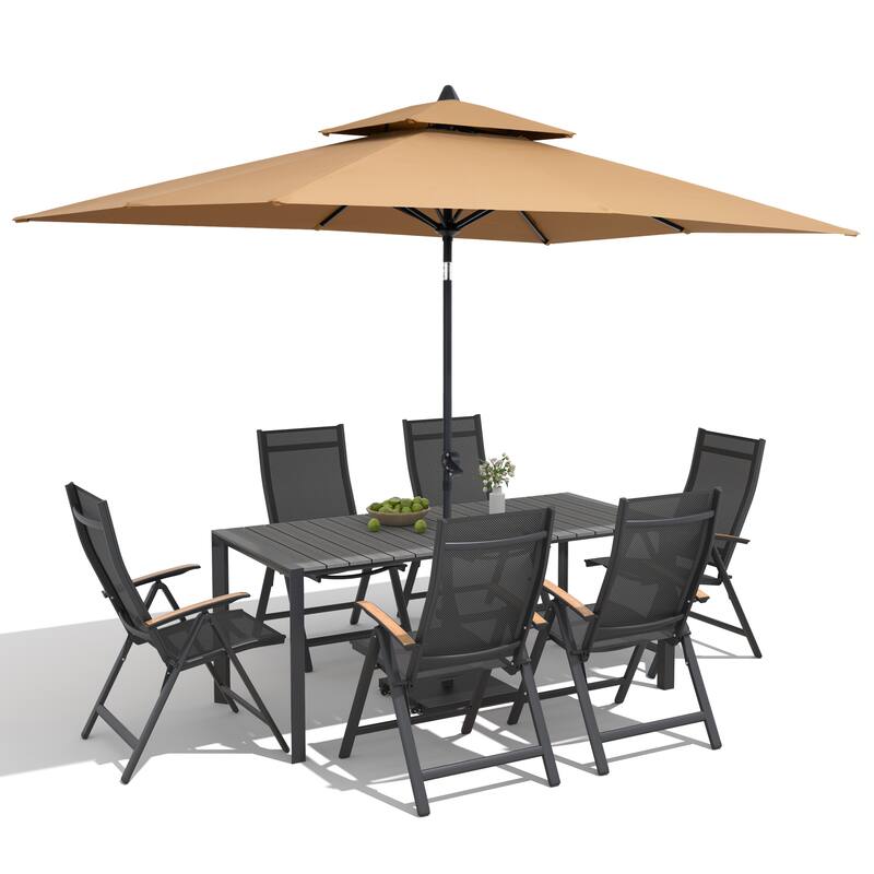 9/11-Piece Outdoor Patio Dining Set Aluminum Dining Table and Chairs w/10 ft Market Umbrella and Base with Wheels