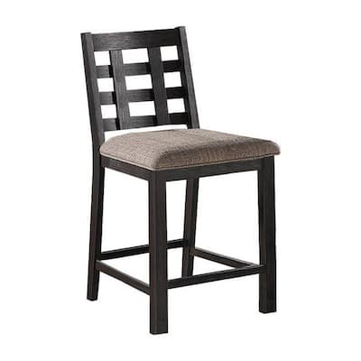 Trixy Counter Stool Chair, Open Square Back, Brown Wood, Beige Fabric