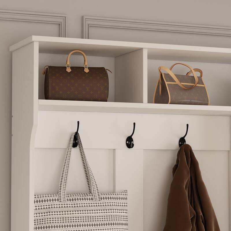 63"W 18 Shoe Cubbies Shoe Bench Shoe Cabinet Wide Hall Tree With Hooks