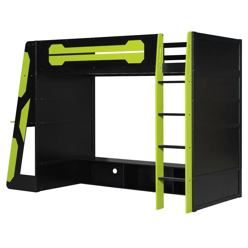 Roomfitters Twin Gaming Loft Bed with Desk, Shelves and RGB Light Strip, Esports Style