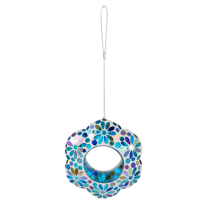 Glitzhome 8.5"D Glass Flower Shaped Hanging Multi-Color Mosaic Birdfeeder
