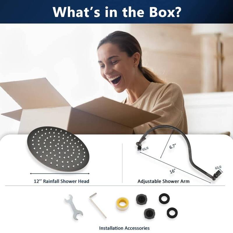 Bathlet 12" Rain Shower Head with Adjustable Height & Distance Extension Arm