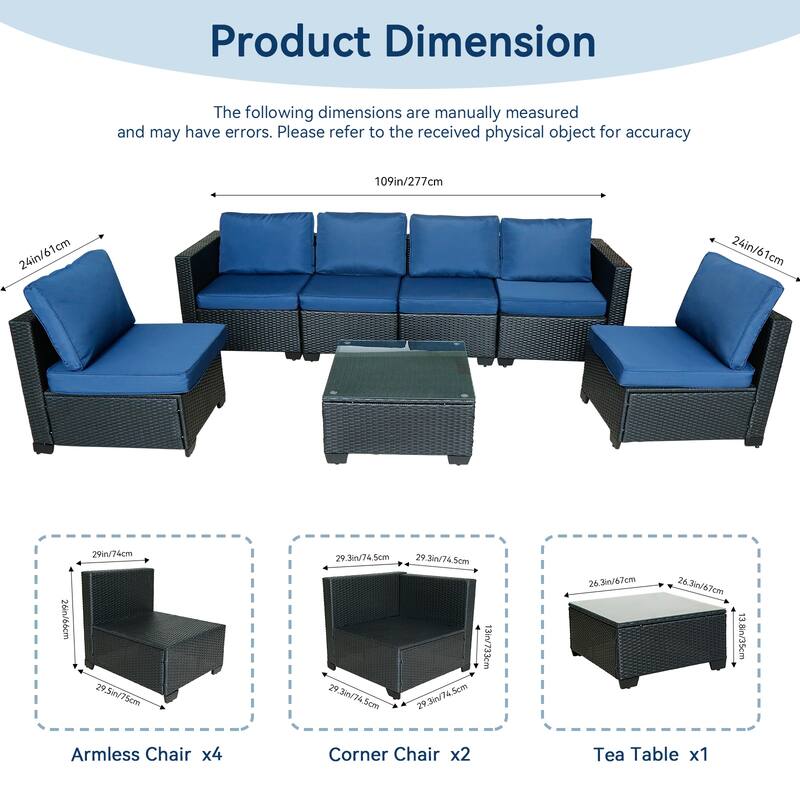 7-Piece Modular Outdoor Rattan Sofa Set, Modern Rattan Sectional with Cushions and Tempered Glass Table