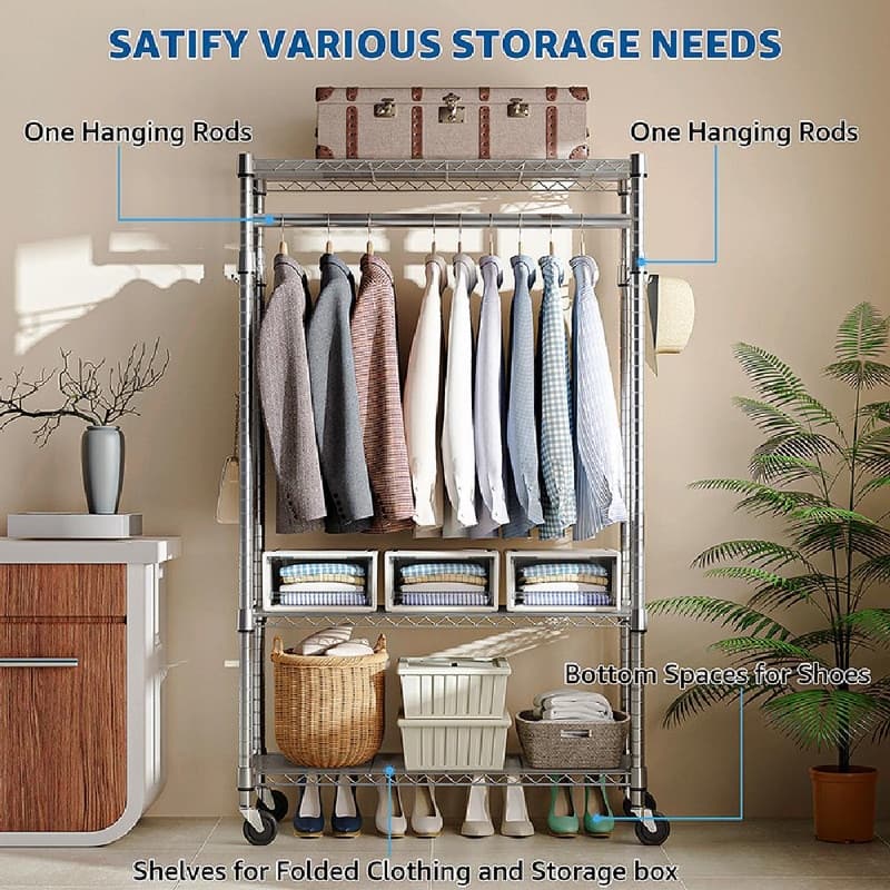 Heavy Duty Rolling Garment Rack with Wheels, 3-Tier Adjustable Wire Shelving, Clothes Rack with Rods & Side Hooks