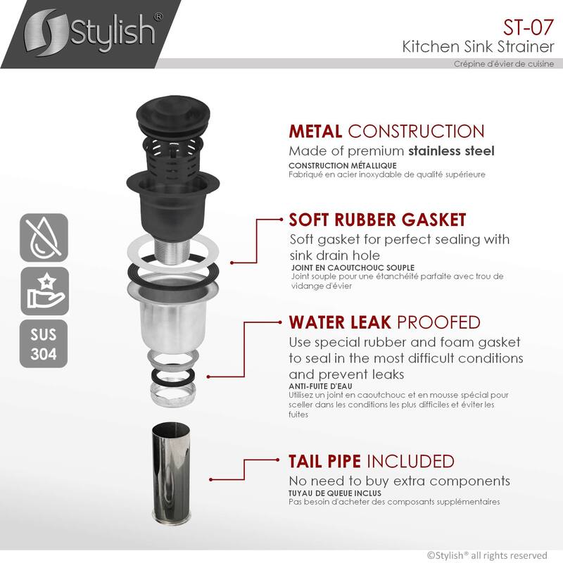 STYLISH 3.5 Inch Graphite Black Kitchen Sink Deep Strainer with Removable Basket - Fits Standard 3.5" drain Opening.