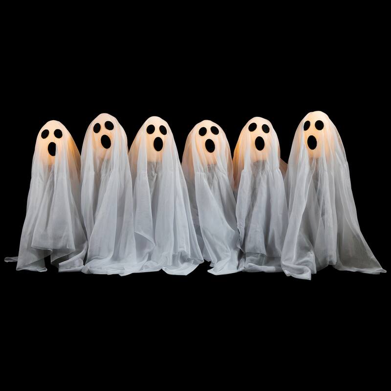 Set of 6 LED Lighted White Ghost Outdoor Halloween Lawn Stakes, 30"
