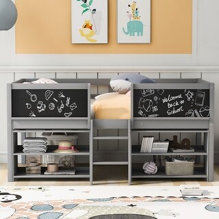 Grey Twin Low Loft Bed with Chalkboard, Movable Shelves, and Ladder