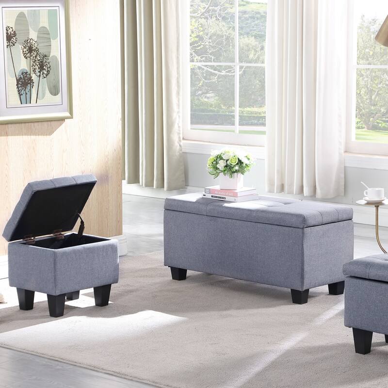 3 in 1 Large Upholstered Fabric Storage Ottoman Bench Set, Gray