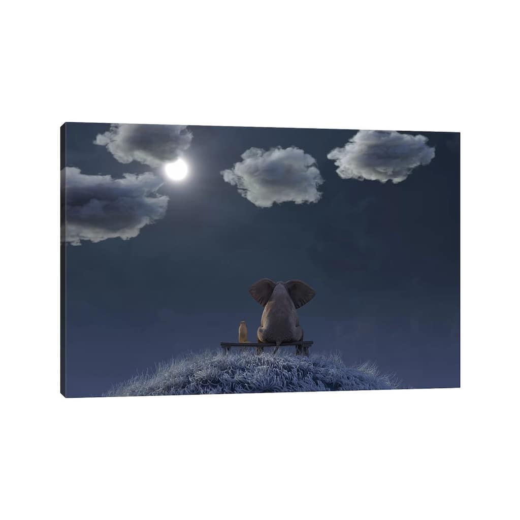iCanvas "Elephant And Dog Are Sitting On A Meadow On A Moonlit Night" by Mike Kiev Canvas Print